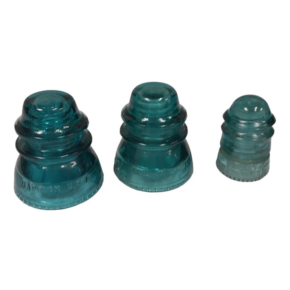 Set of 3 Vintage 1898 Hemingray 42 Heavy Clear Made In USA Blue Glass Insulators